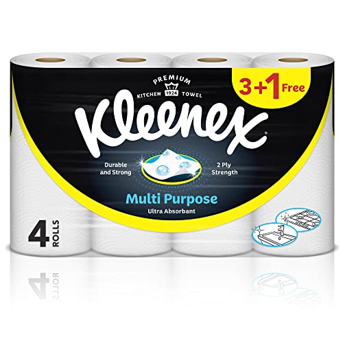 Kleenex Multi Purpose Kitchen Tissue Paper Towel, 2 PLY, 4 Rolls x 90 Sheets, Absorbent Towels for all Surfaces