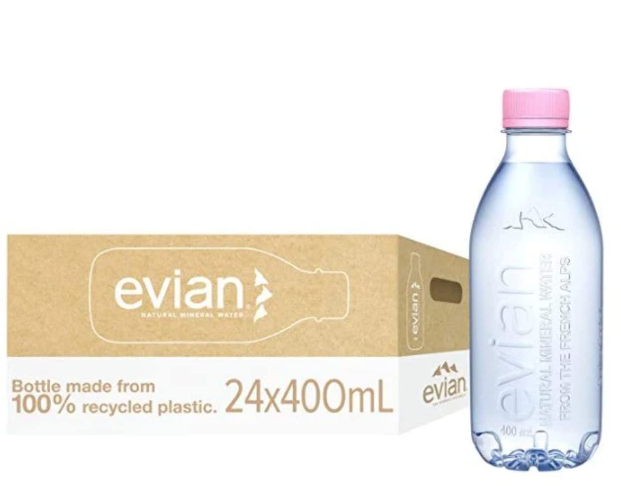 Evian Mineral Water, Naturally Filtered Drinking Water, 400ml Bottled Water Crafted By Nature, Made Of 100% Recycled Plastic, Case Of 24 X 400ml Evian Water Bottles