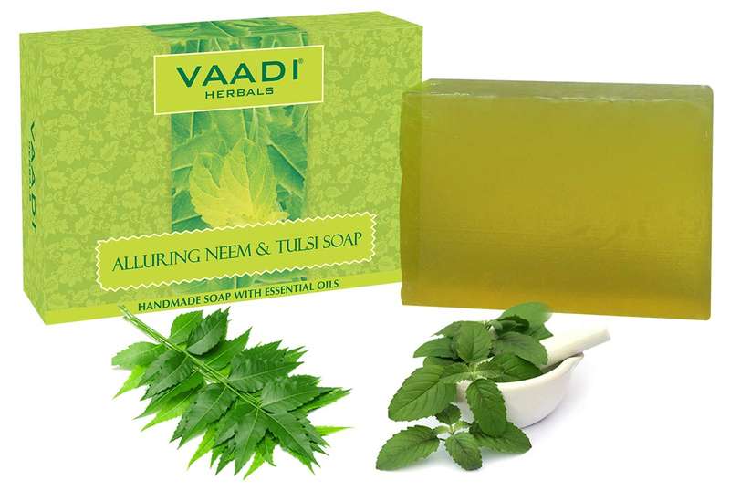 Neem Tulsi Bar Soap with Aloe Vera Extracts, Vitamin E and Tea Tree Oil - Handmade Herbal Soap with 100% Pure Essential Oils - ALL Natural - Each 2.65 Ounces - Pack of 3(8 Ounces) - Vaadi Herbals