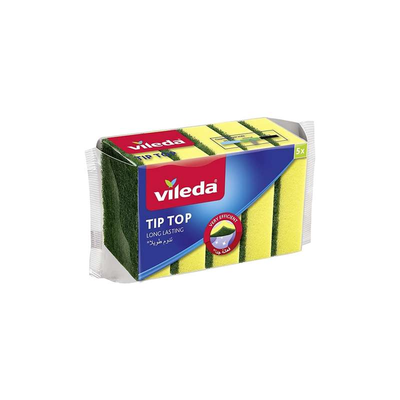 Vileda Tip Top Dish Washing Medium Foam Sponge Scourer Promo 5 Pcs, Long-Lasting and Durable, Sensitive Surfaces, Yellow & Green, (5 Pcs Per Pack)
