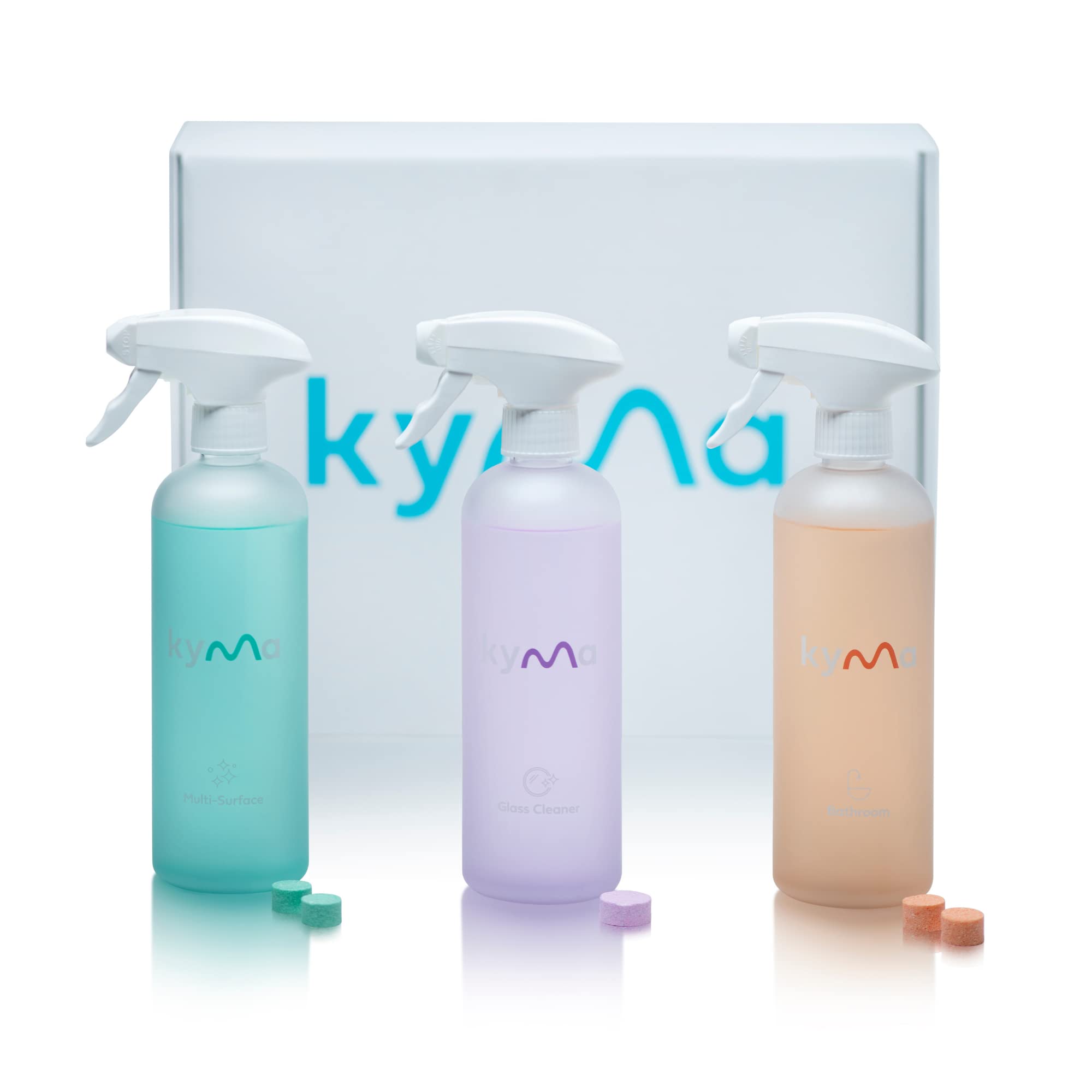 Kyma Starter Kit, 3 Refillable Bottles + 3 Refills, 1.5L (Makes 1x 500ml Bottle of Multi-Surface Cleaner +1x 500ml Bottle of Glass Cleaner + 1x 500ml Bottle of Bathroom Cleaner), Cleans Powerfully
