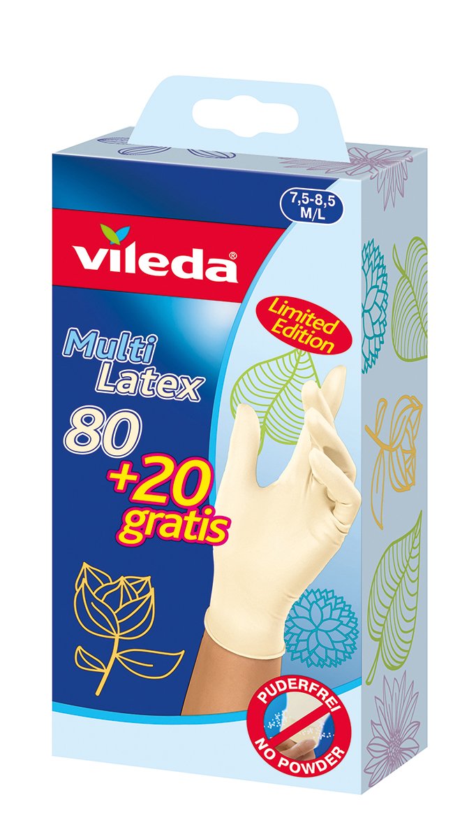 Vileda Disposable Multi Latex Gloves, Powder-Free, Ambidextrous Wear, Medium/Large, Pack Of 100, White