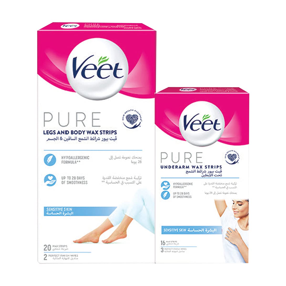 Veet Pure Legs & Body Wax Strips, Pack of 20 and  Underarm Wax Strips for Sensitive Skin, Pack of 16