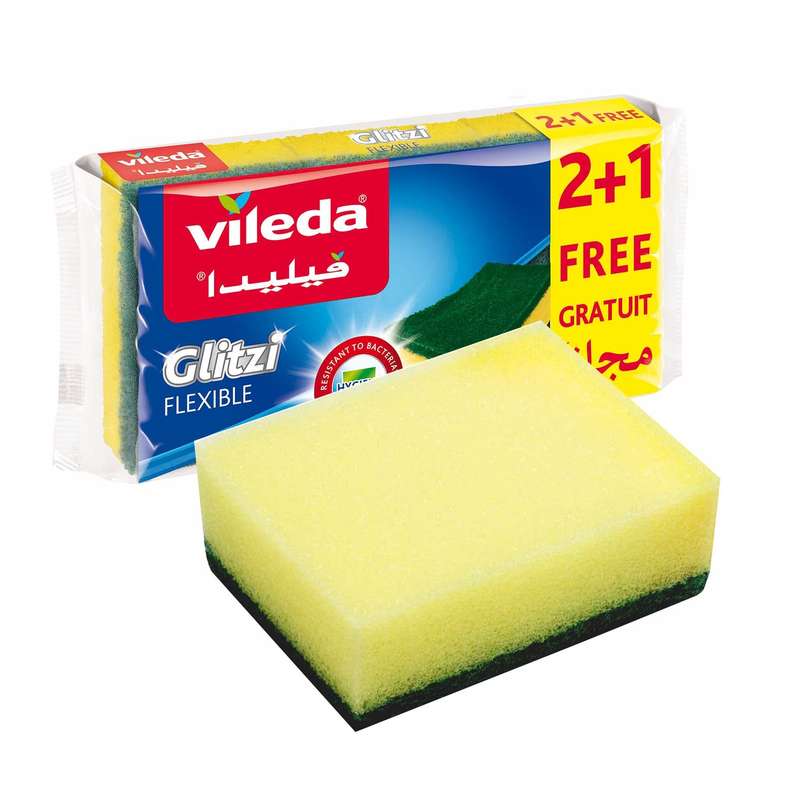 Vileda Glitzi Flexible Scourer Sponge, Antibacterial, Multi-purpose, Yellow & Green, 2+1 Pcs