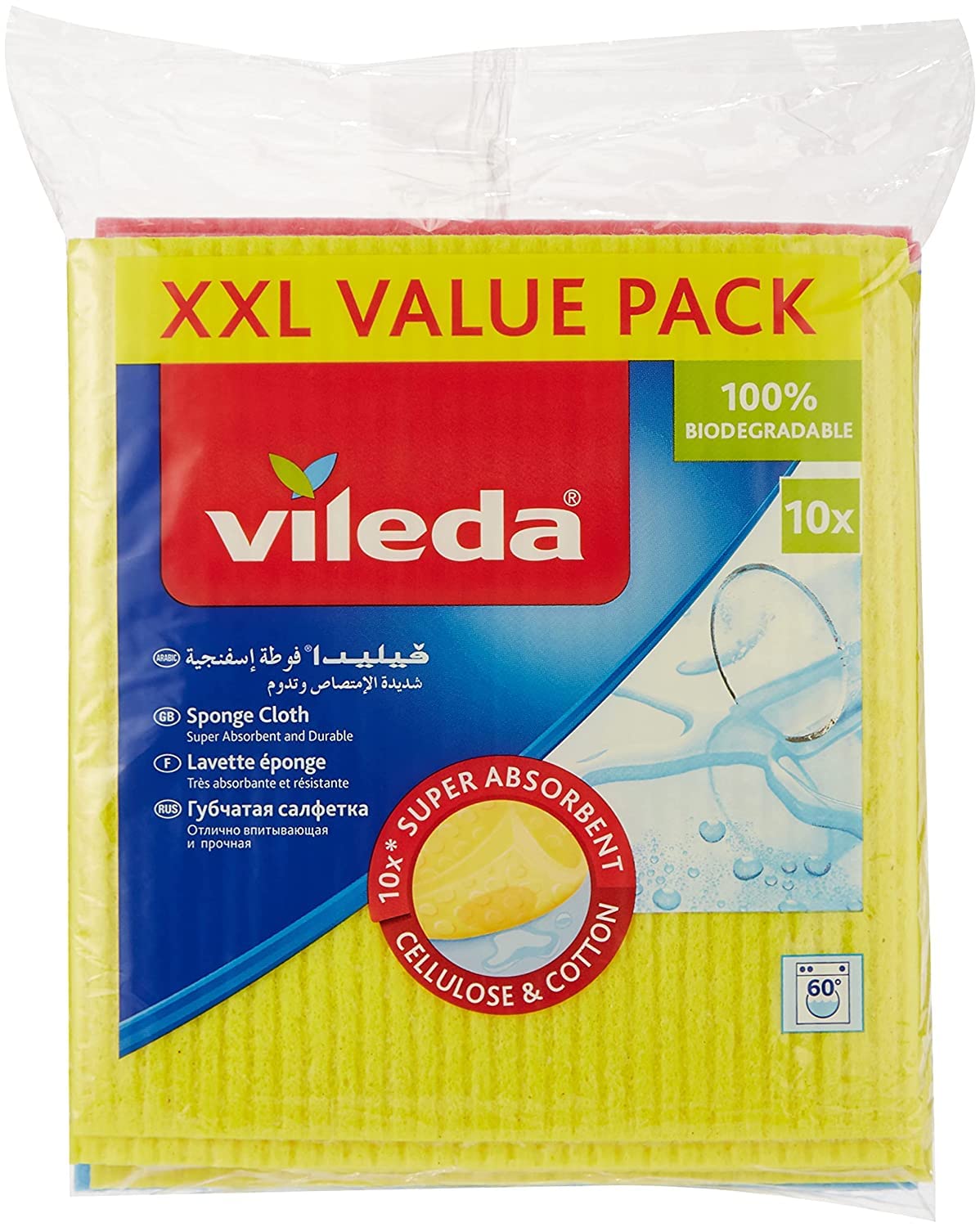 Vileda Sponge Cloth XXL Value Pack 10 Pcs 100% Natural Materials, Super Absorbent, Durable, 5 Pcs