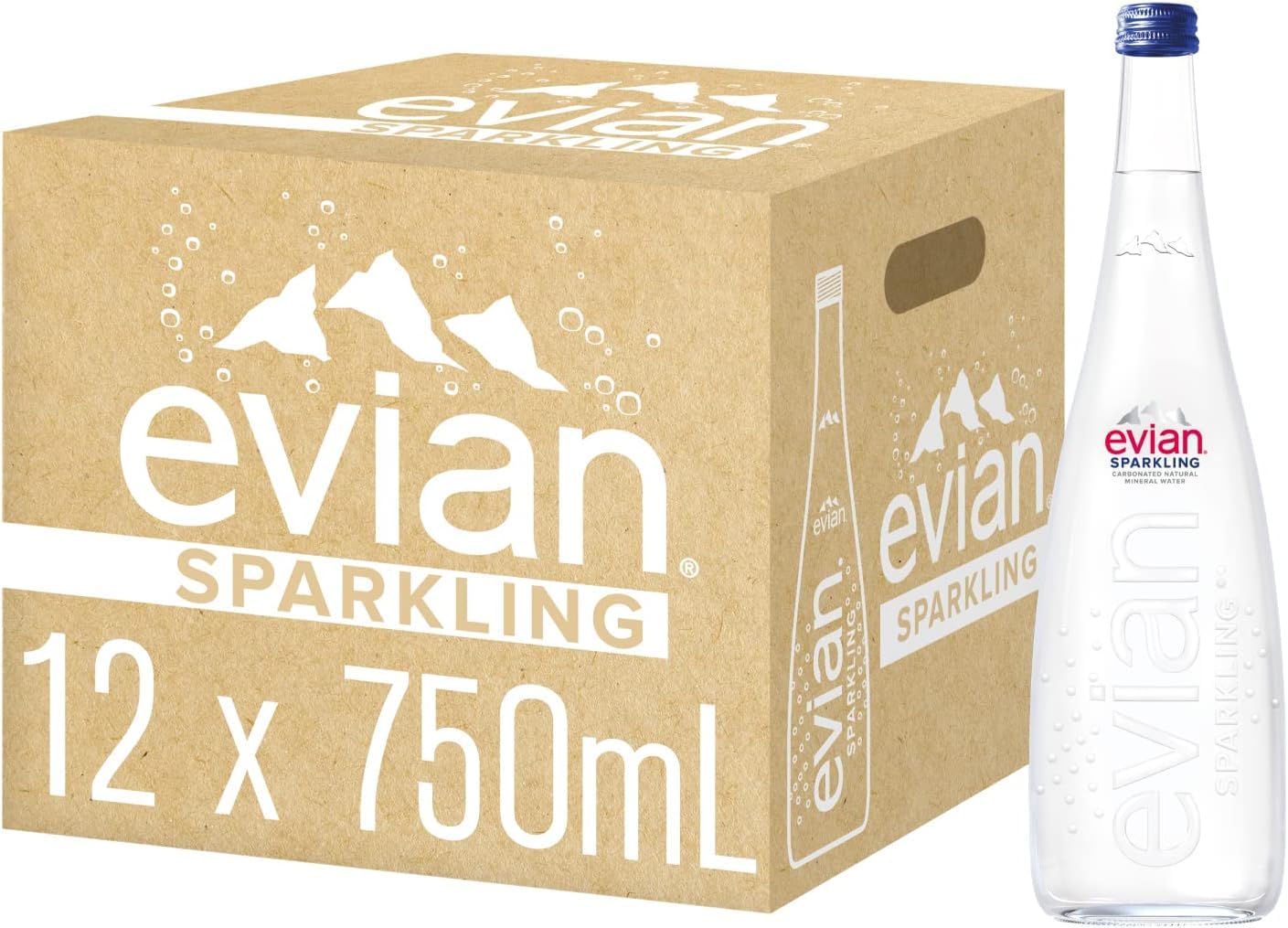 Evian Sparkling Carbonated Natural Mineral Water 750ml Glass Bottle, Case of 12 Bottles, Naturally Filtered Drinking Water, Sparkling Water Crafted by Nature