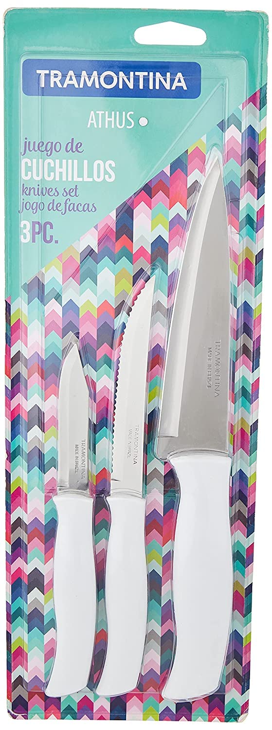 Tramontina Athus 3 Pieces Knife Set with Stainless Steel Blade and White Polypropylene Handle