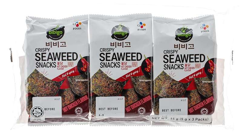 CJ Bibigo Snack Gim Seasoned Seaweed Hot Chicken Buldak Flavor, Pack of 3 x 5g