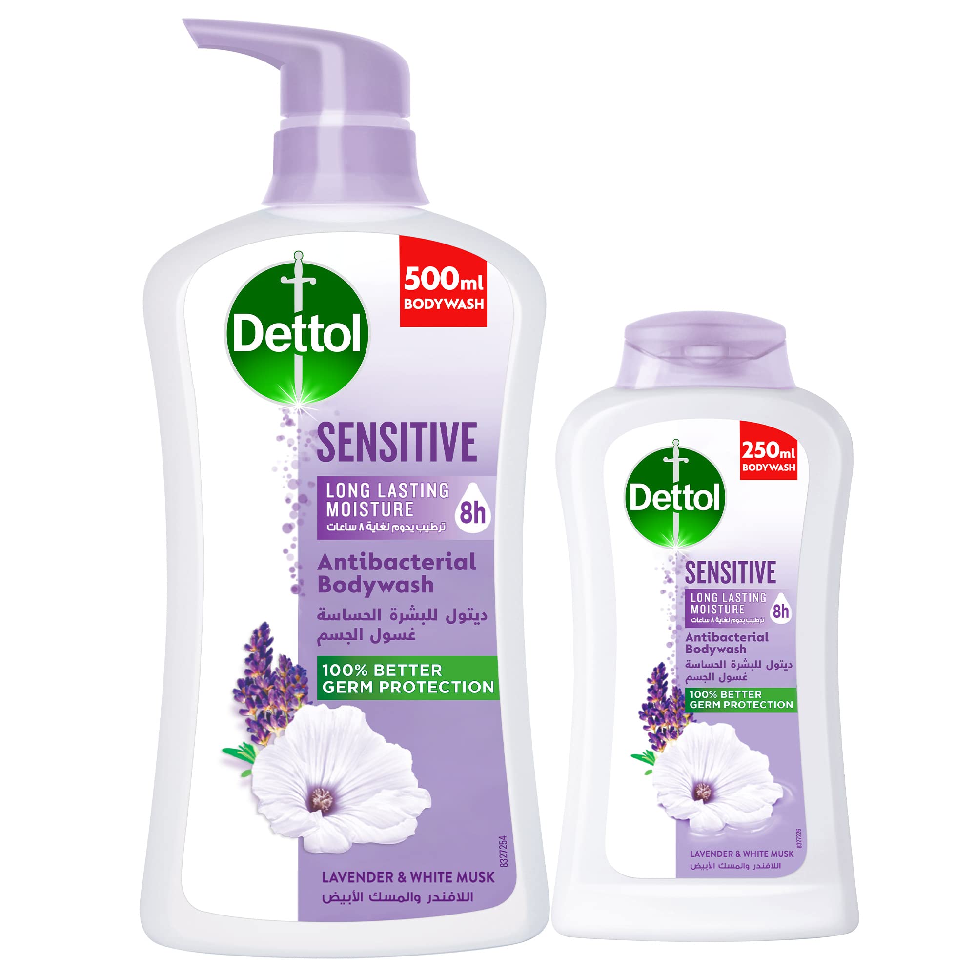 Dettol Sensitive Shower Gel & Body Wash, Lavender & White Musk Fragrance for Effective Germ Protection & Personal Hygiene, 250ml and 500ml (Pack of 2)