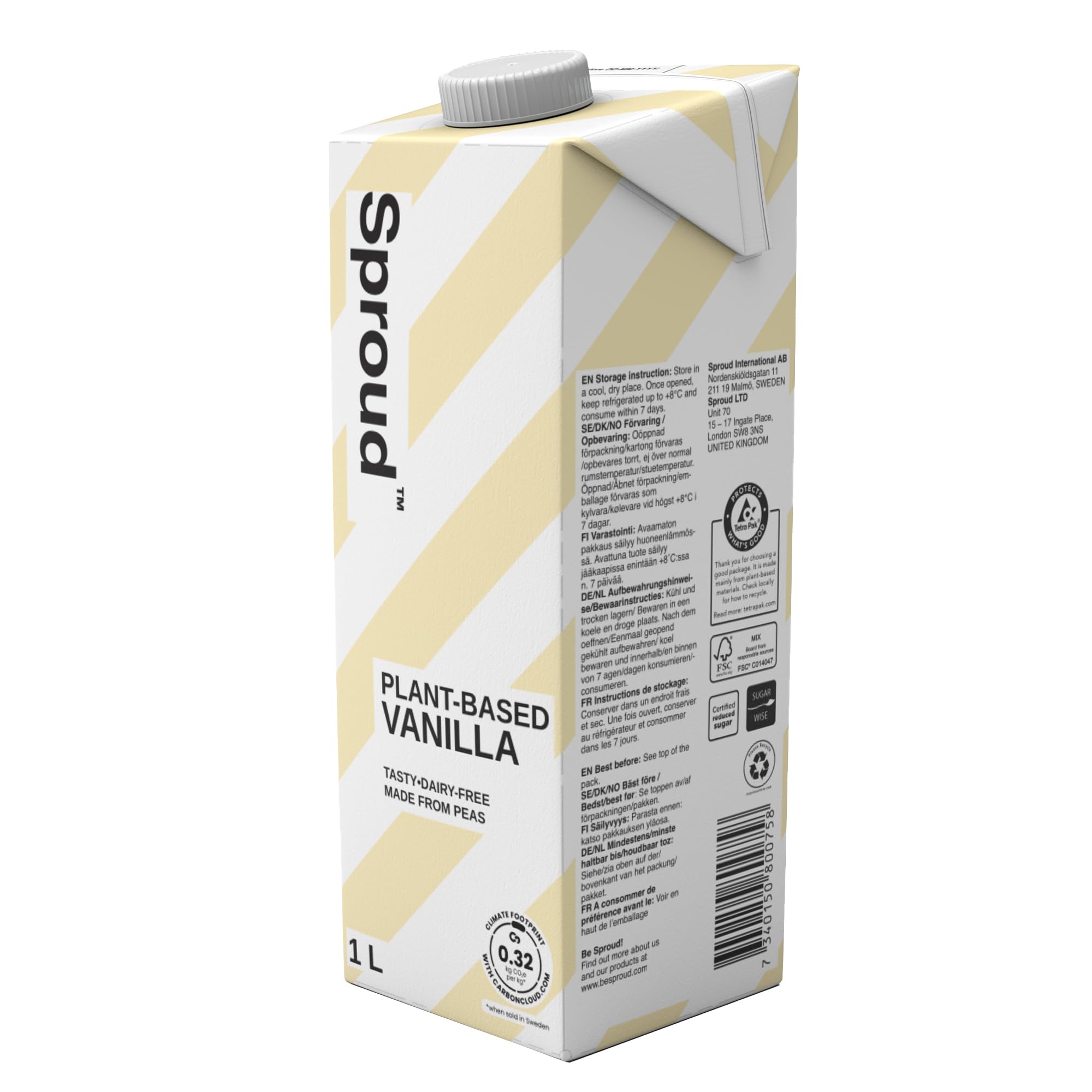 SPROUD Pea Protein Milk Plant-Based, Dairy-Free, Gluten-Free, Vegan, Shelf Stable, Non-GMO, Vanilla Flavor, 1 Liter