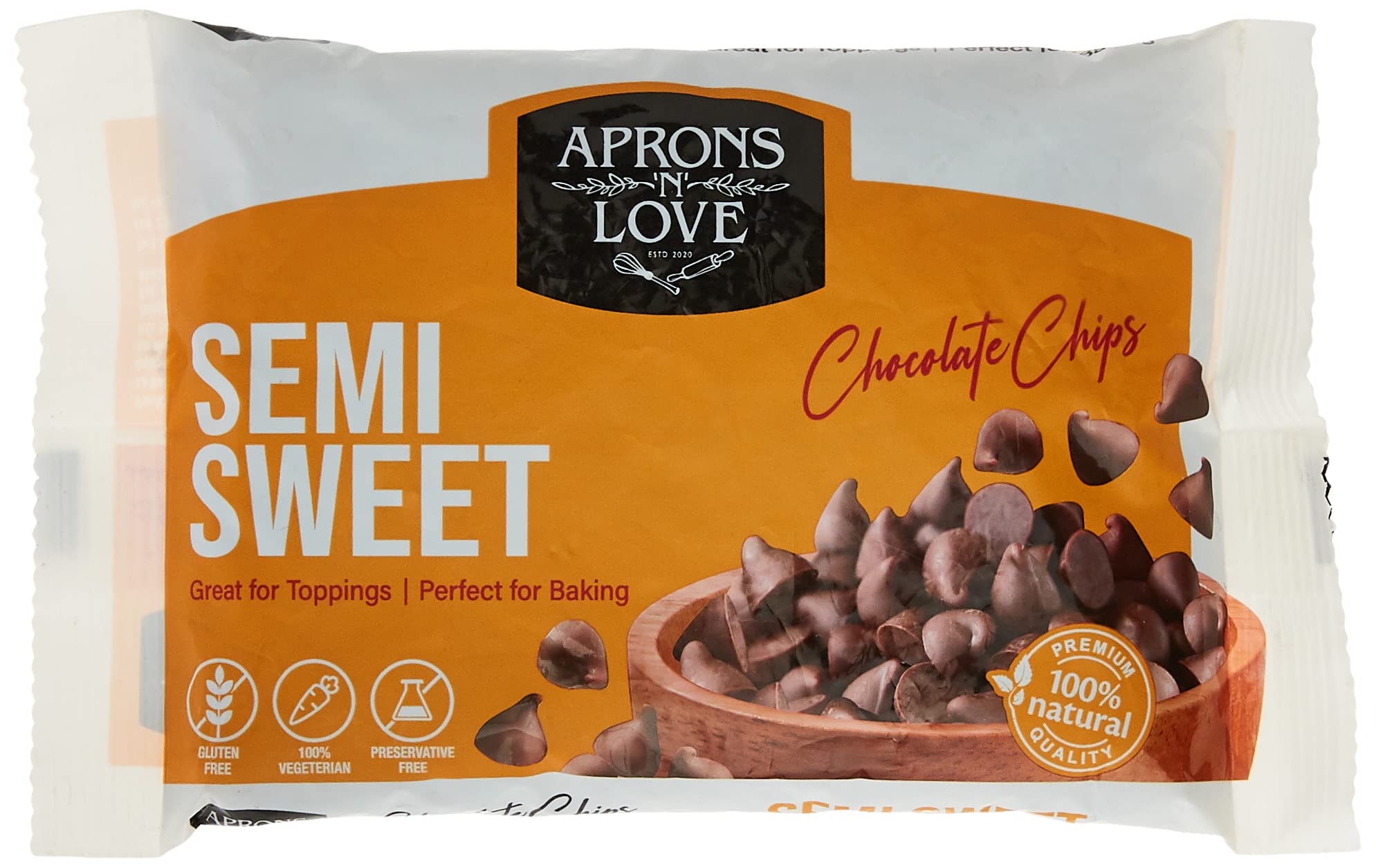 Aprons 'N' Love Semi-Sweet Chocolate Chips - Tasty and Healthy Chip Guest Serving Delicious Snacks Perfect for Baking Topping 200g