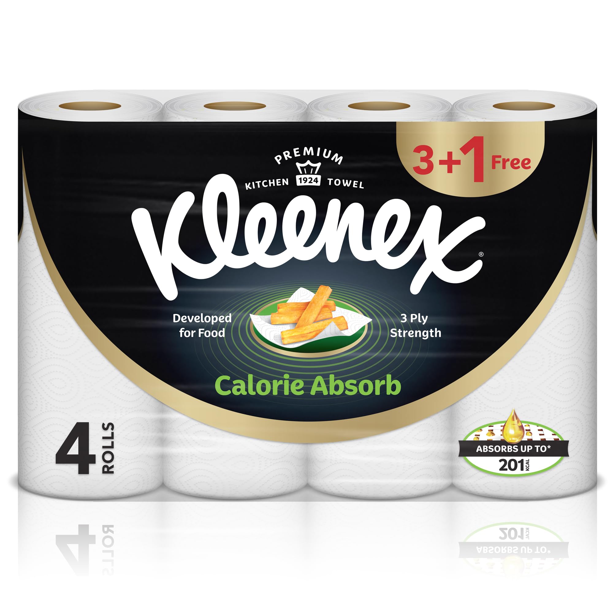 Kleenex Calorie Absorb Kitchen Tissue Paper Towel, 3 PLY, 4 Rolls x 50 Sheets, Food-Grade Strong Absorbent Kitchen Tissue