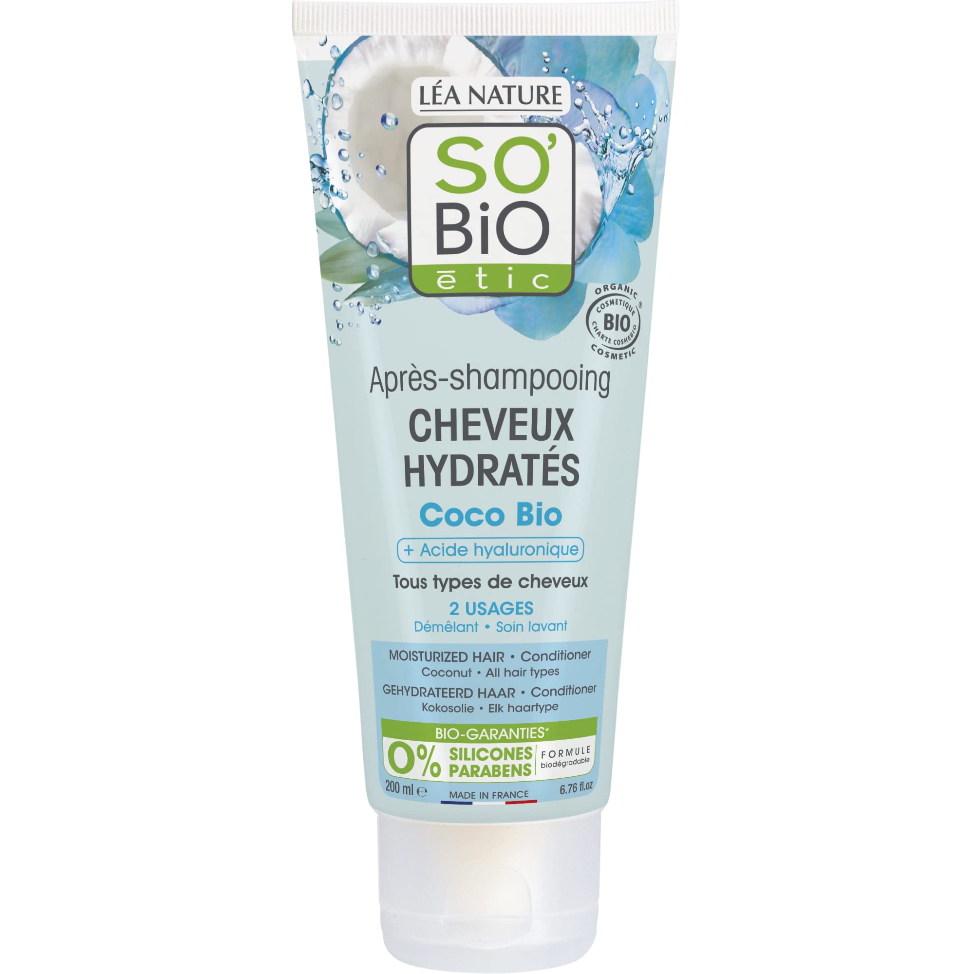 SOBIO So Bio Etic Moisture Rich Organic Coconut & Hyaluronic Acid Moisturising Conditioner, 200ml | parabens free | Silicone free | All hair types.