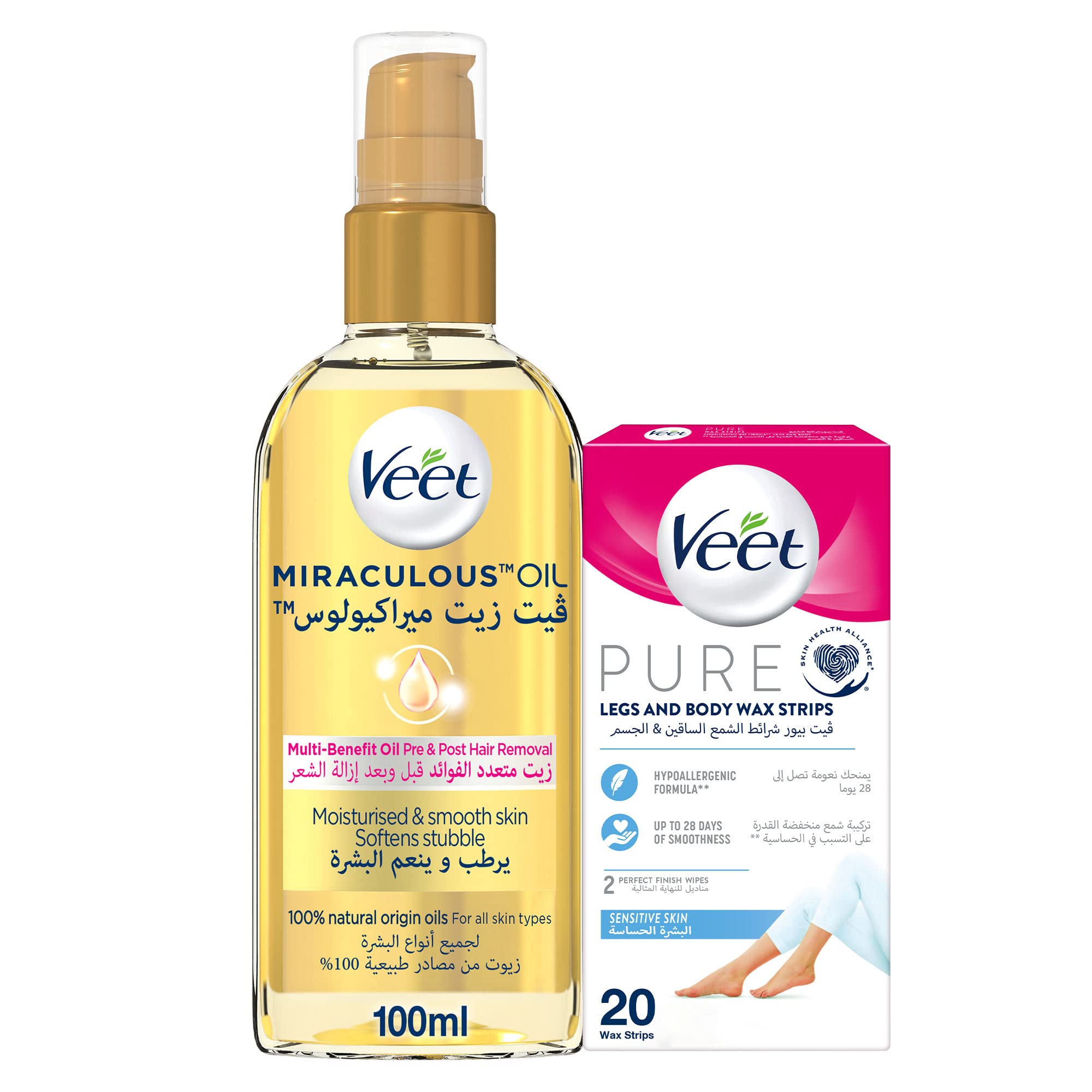Veet Pure Legs & Body Wax Strips For Sensitive Skin – 20 Wax Strips + Veet Miraculous Pre and Post Removal Hair Oil, 100ml