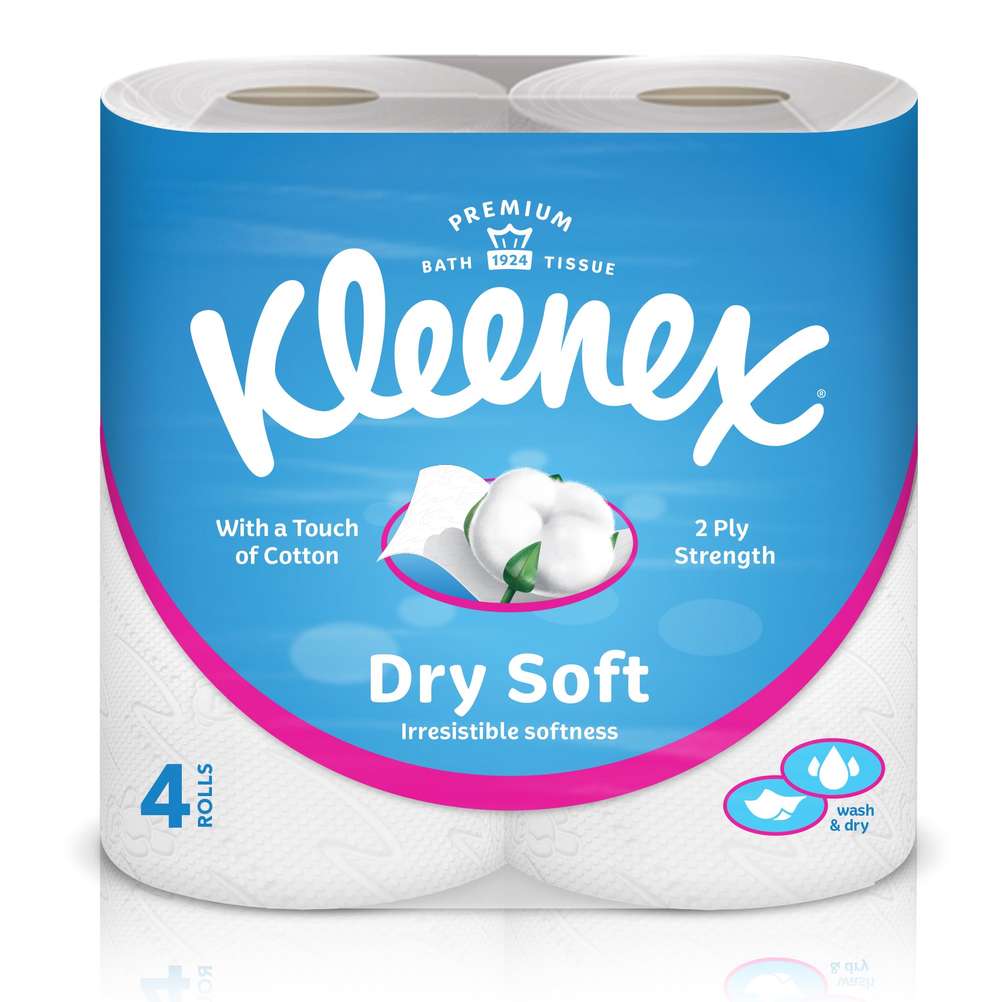 Kleenex Dry Soft Toilet Tissue Paper, 2 PLY, 4 Rolls x 200 Sheets, Embossed Bathroom Tissue with a Touch Of Cotton