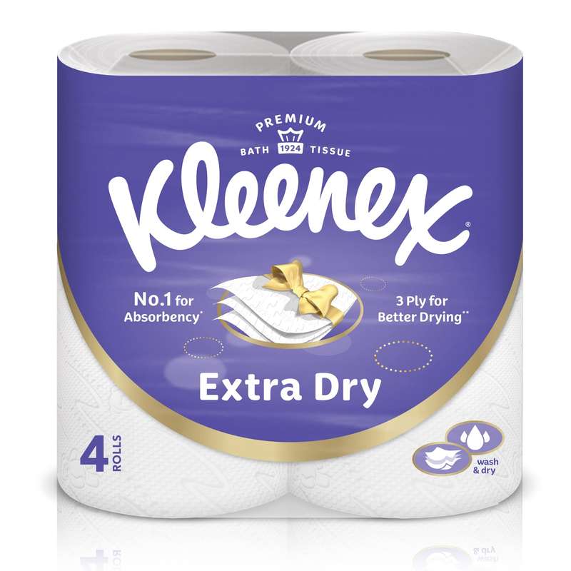 Kleenex Extra Dry Toilet Tissue Paper, 3 PLY, 4 Rolls x 160 Sheets, Embossed Bathroom Tissue with Superior Absorbency