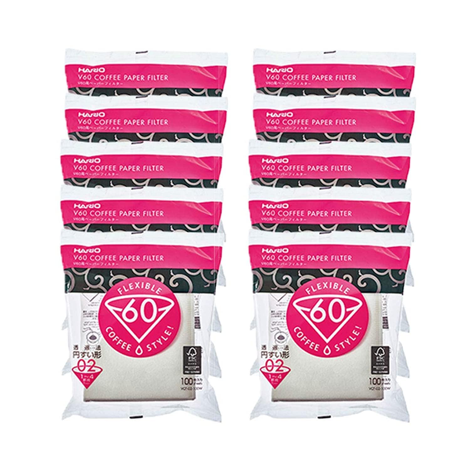 HARIO V60-02 Bleached Paper Filters - Bundle of 100 Sheets X Pack of 10