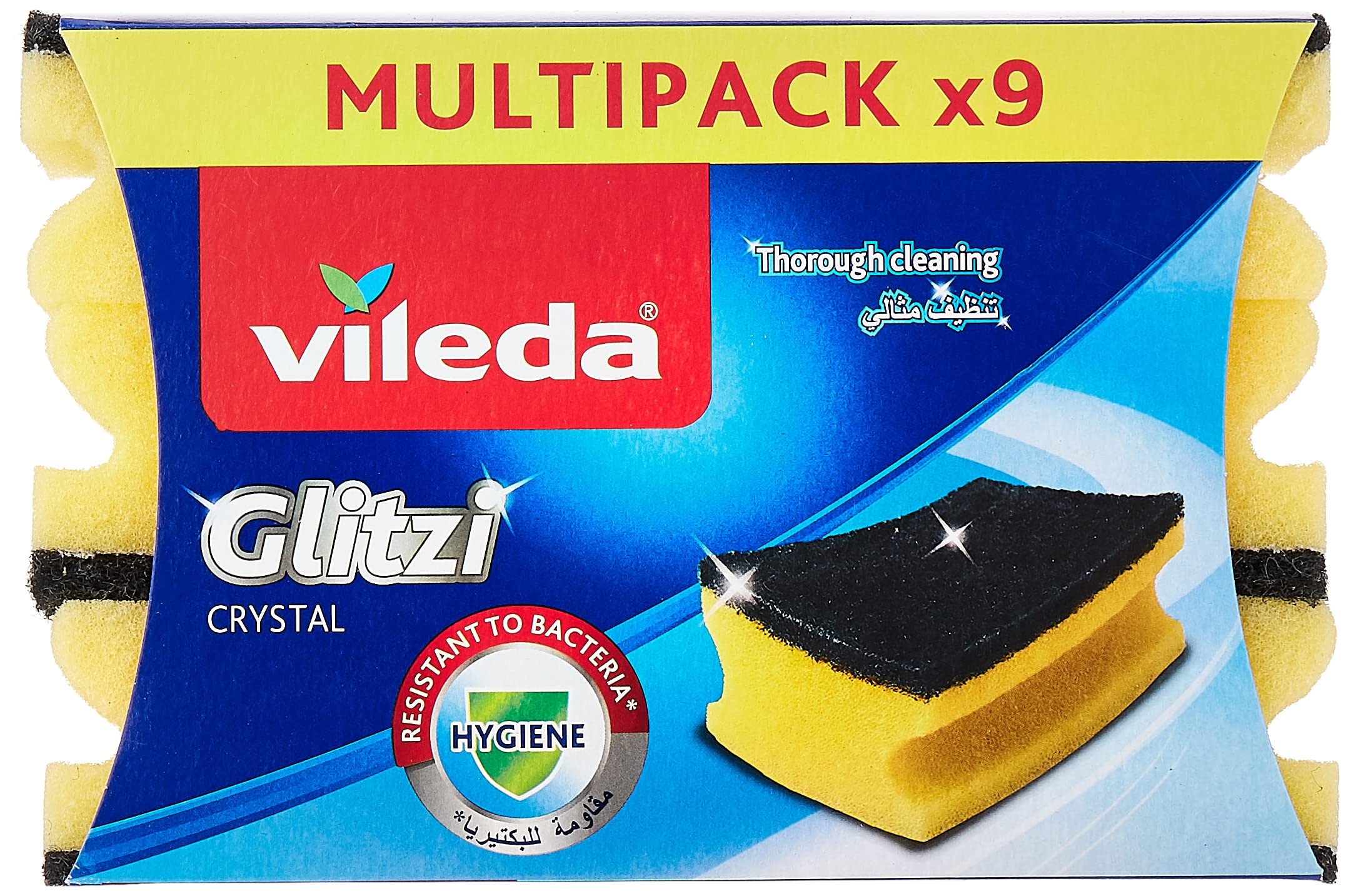 Vileda Glitzi Crystal Scourer Sponge 9 Pc, Antibacterial, Long Lasting, Hygienic - Yellow And Black (9 Pc Per Pack)