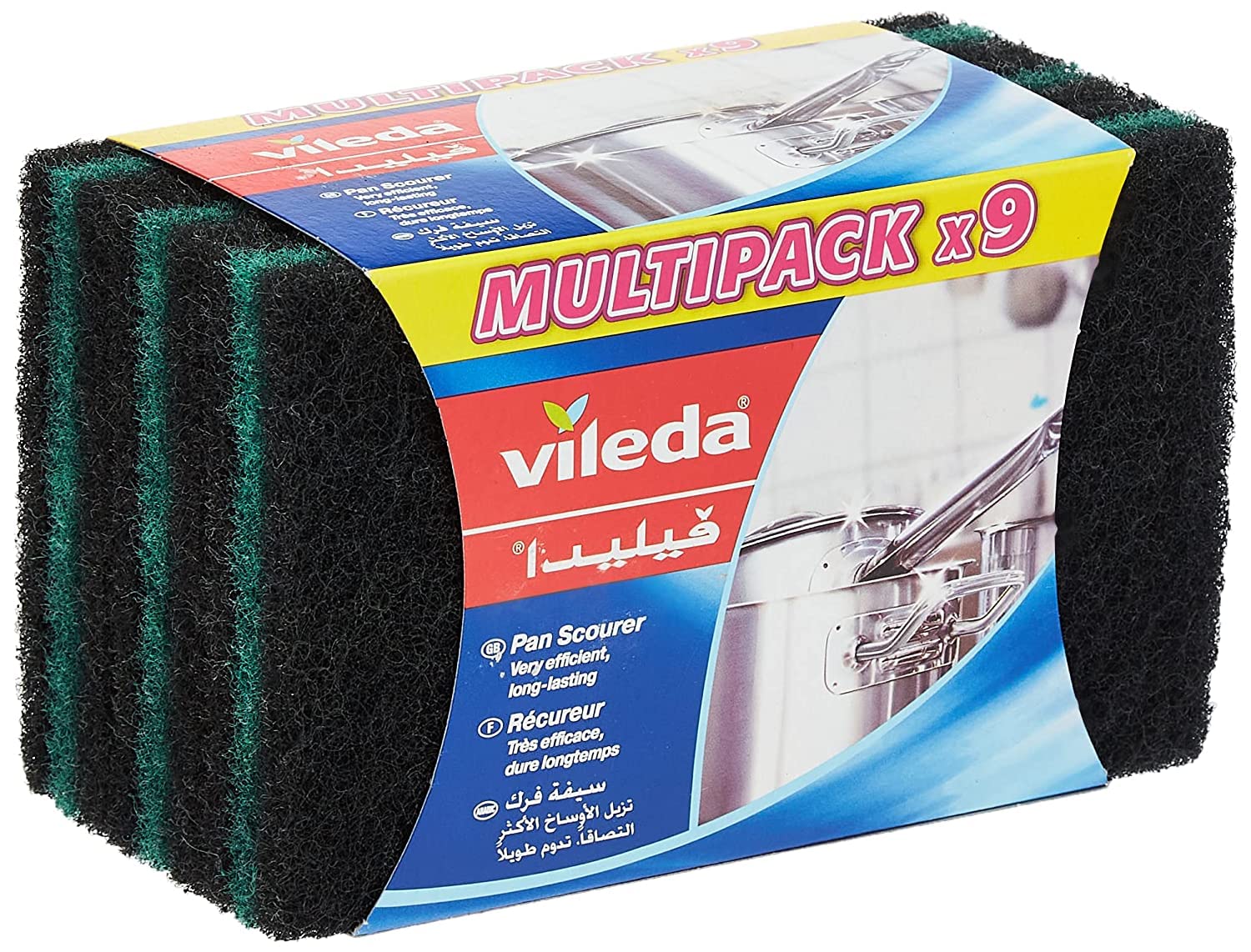 Vileda Ultra Fresh Pan Flat Scourer 9 Pcs, Antibacterial, Abrasive fiber, Durable, Multipurpose - Black & Green 9 Pcs Per Pack