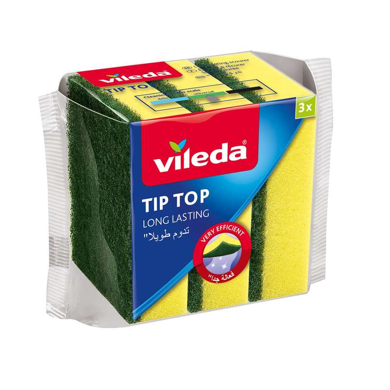 Vileda Tip Top Dish Washing Medium Foam Sponge Scourer Promo 3 Pcs, Long-Lasting and Durable, Sensitive Surfaces, Yellow & Green, (3 Pcs Per Pack).