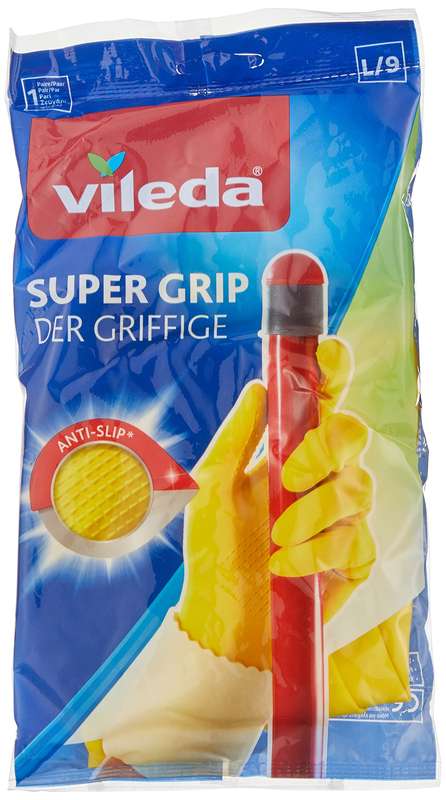 Vileda Super Grip Reusable Gloves L, Flexible, Waterproof Rubber Latex, Tear-Proof, Excellent Grip, Large Size, Yellow (1 Pair Per Pack)