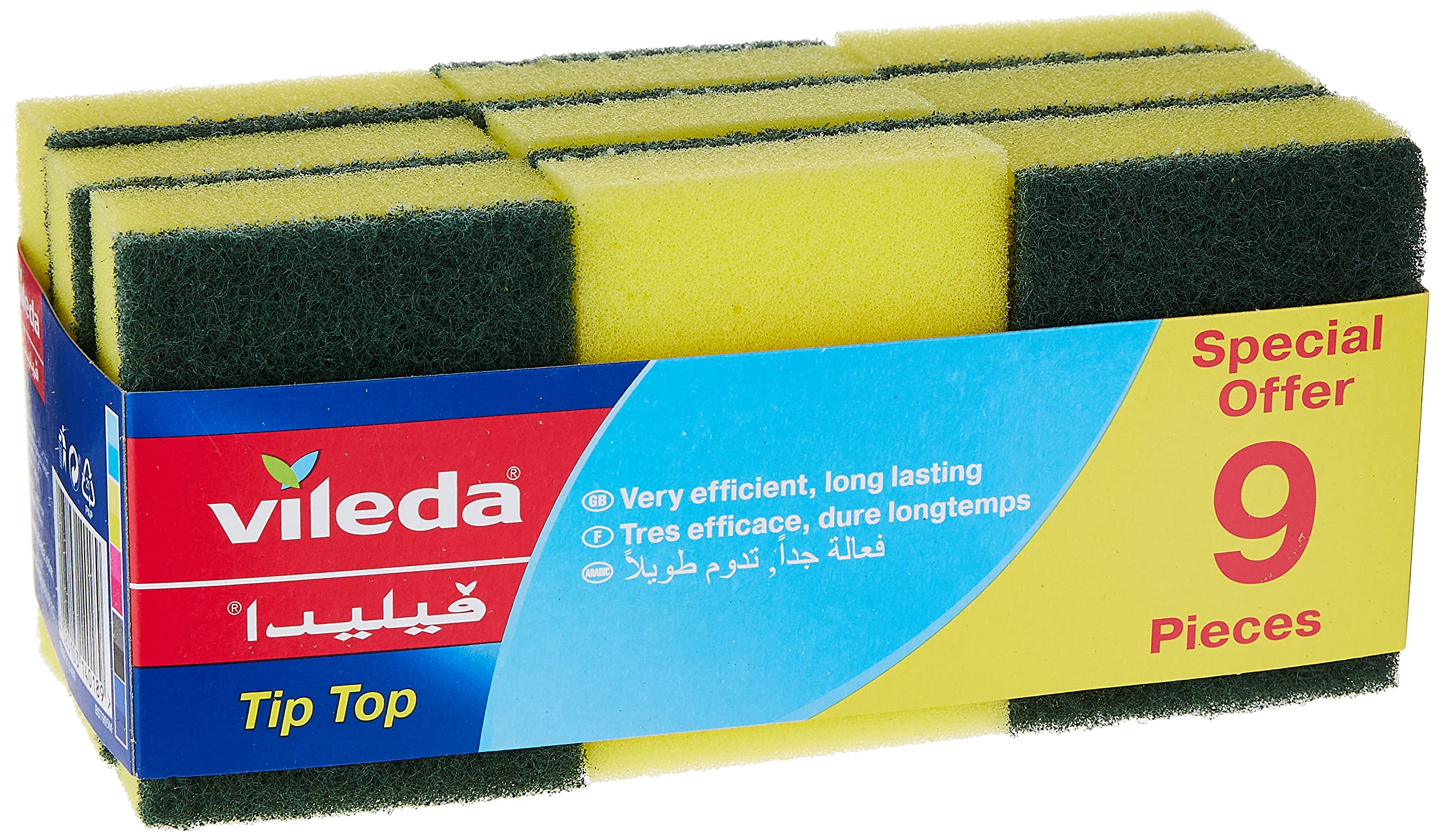 Vileda Tip Top Dish Washing Medium Foam Sponge Scourer Promo Long-Lasting and Durable, Sensitive Surfaces, Yellow & Green, 9 Pcs Per Pack V092